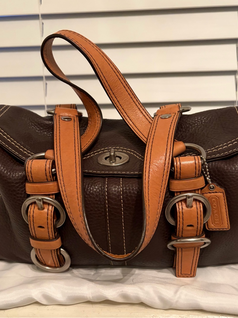 Coach Brown Pebbled Leather Satchel with Tan Trim